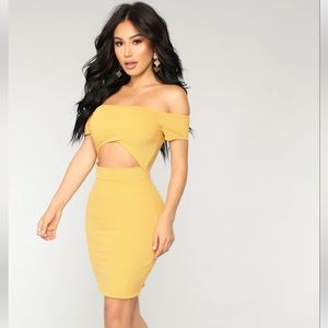 Making it work off shoulder mini dress in mustard